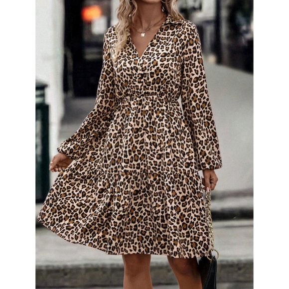 Leopard Print Lantern Sleeve Ruffle Hem Dress - Picture 3 of 5